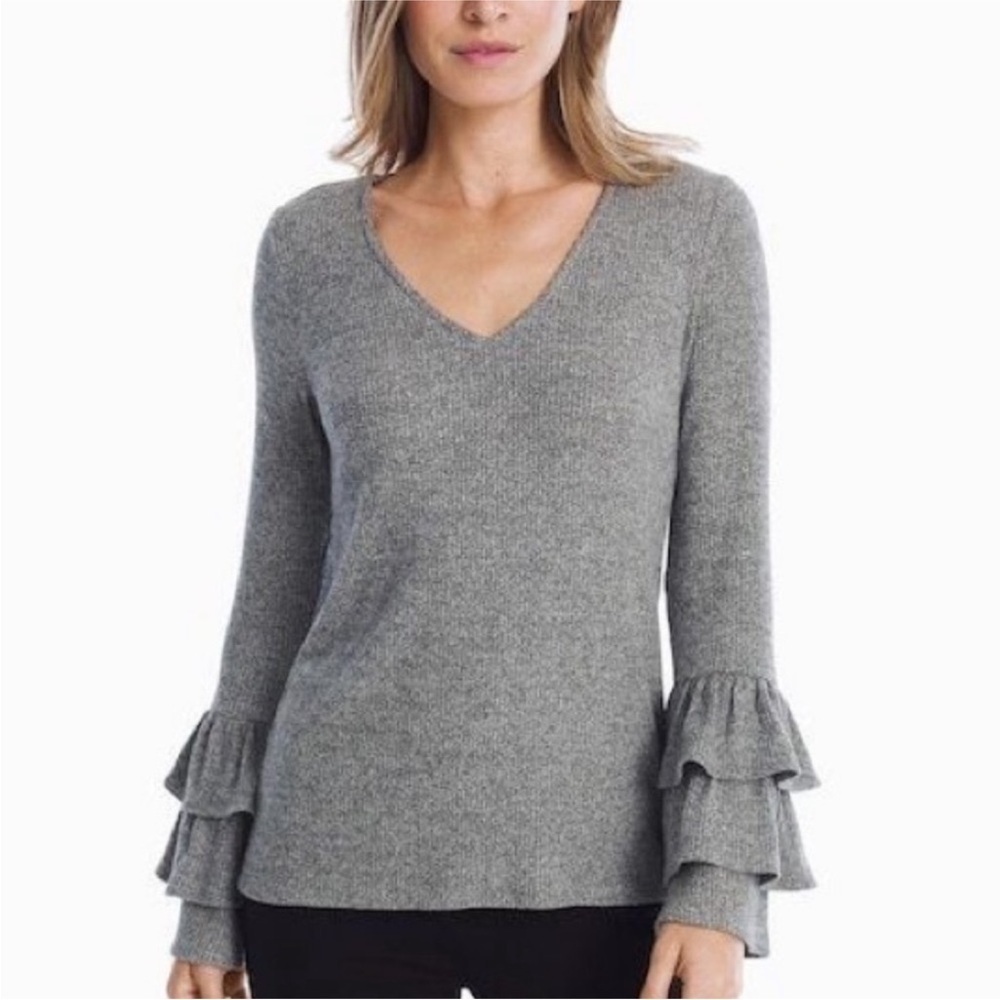 WHITE HOUSE BLACK MARKET Ribbed Tiered Ruffle Sleeve Top